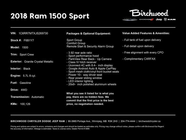 2018 Ram 1500 Sport | Local | One Owner | CarPlay | Hitch Receiv in Cars & Trucks in Winnipeg - Image 2