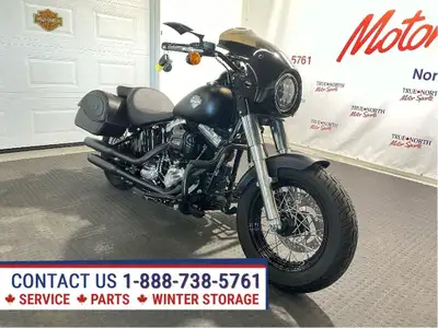 Only 5,179 km on this Canadian Softail Slim loaded with extras at True North Motor Sports. Black Den...