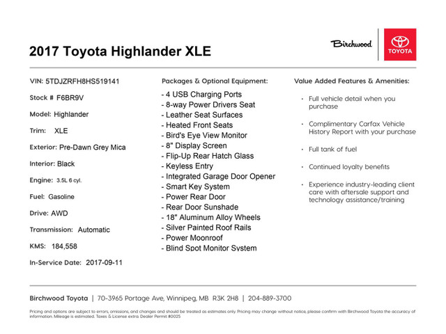 2017 Toyota Highlander XLE | Safetied Final Sale | New Brakes |  in Cars & Trucks in Winnipeg - Image 2