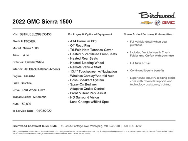 2022 GMC Sierra 1500 AT4 AT4 Premium Package | Clean CARFAX in Cars & Trucks in Winnipeg - Image 3