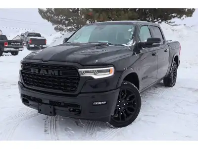 Our bold New 2025 RAM 1500 Limited Crew Cab 4X4 Night Edition in Diamond Black Crystal Pearl is a ru...