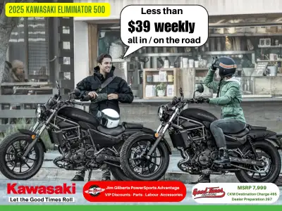 Only $39 Weekly, All-in On the roadMAKE EVERY DAY THRILLING! Our 2025 Kawasaki ELIMINATOR 500 is the...