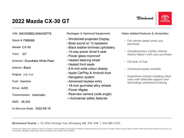 2022 Mazda CX-30 GT | New Brakes | No Accidents | HUD | CarPlay  in Cars & Trucks in Winnipeg - Image 2