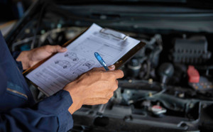 A mechanic in a garage checks a repair and maintenance list for a car 