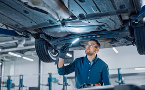 Professional Car Mechanic investigating Rust Under a Vehicle on a Lift in Service. Repairman is Using a LED lamp and Walks Towards. Specialist is Wearing Safety Glasses. Modern Workshop