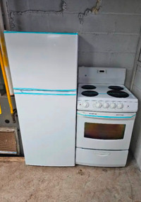 Apartment size GE 24” white fridge and electric stove 350 each