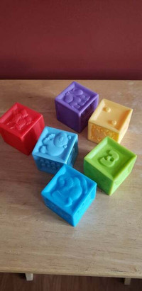 6 baby blocks embossed shapes, numbers, patterns, on the sides,