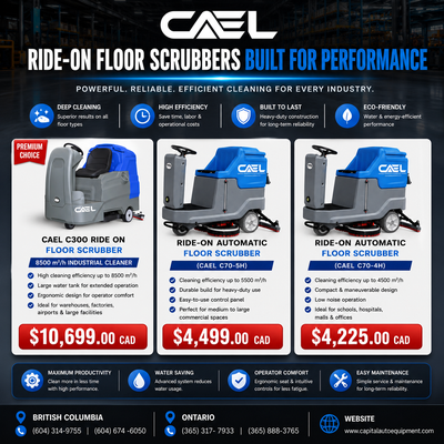 CAEL C70-5H Ride-On Automatic Floor Scrubber Price: $4,499 CAD Taxes A powerful and efficient scrubb...