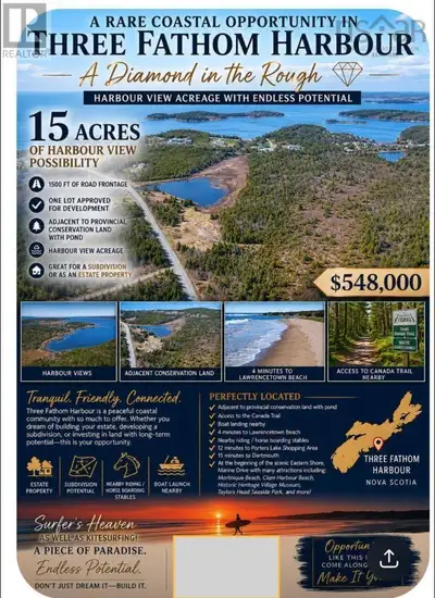 A GREAT LOCATION APPROVED LOT, for your dream home, views of Three Fathom Harbour, plenty of space f...