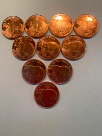 10 - 1 Oz Copper Bullion Grizzly Bear Design Red Coins 0.999