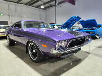 1973 Dodge Challenger Rallye in Plum Crazy Purple with Satin black side stripes and hood treatment!...