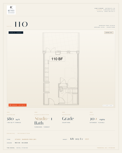 1 Bedroom Suite · 580 sq ft Kevel Studios — Suite 110 Furnished, turnkey residence at 16 Kings Wharf...