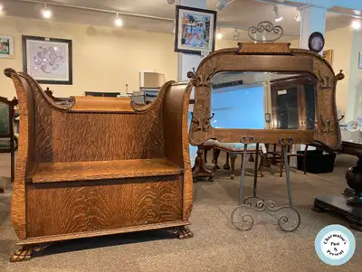 ELEGANT ANTIQUE OAK BENCH AND MIRROR AT CHARMAINE'S, View more