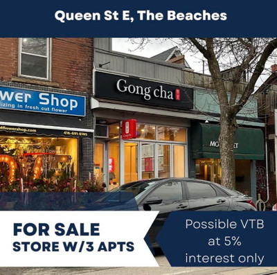 For Sale Beaches Store W/  3 Apt  Queen/ Woodbine VTB Mortgag 6%