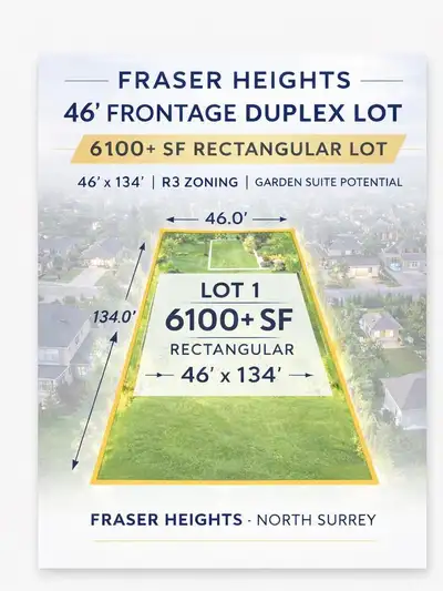 FRASER HEIGHTS - 46' FRONTAGE DUPLEX LOT | 6100+ SF RECTANGULAR LOT with generous depth, ideal for a...