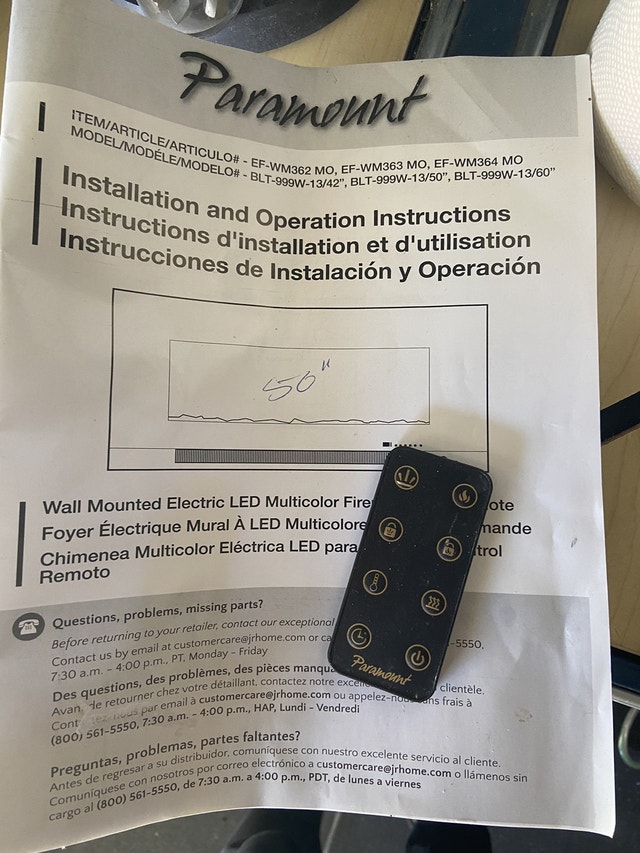 Paramount 50” electric fireplace. Fireplace & Firewood Brantford