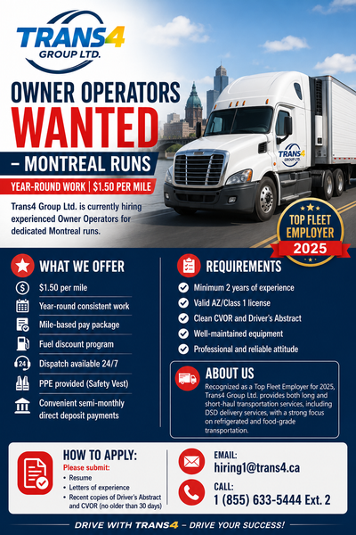 NOW HIRING – OWNER OPERATORS Montreal Runs | Year-Round Work, View more