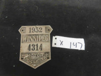 1932 Winnipeg Motor Vehicle Tax Tag 3" x 4"