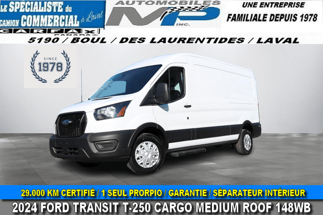 2024 Ford T-250 Cargo Medium Roof 148WB / 29,000 KM Certified / G