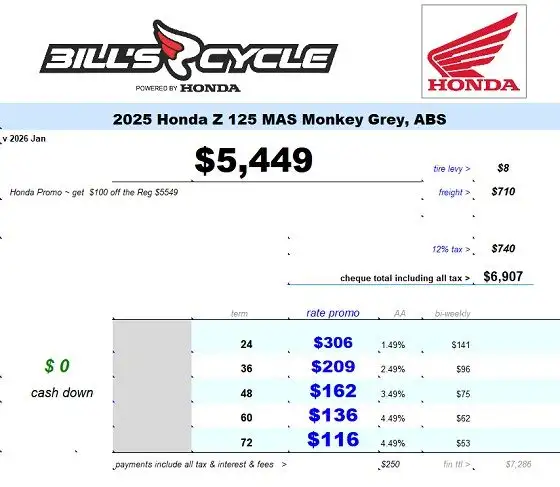 2025 HONDA Z 125 MAS Monkey ABS Grey in Street, Cruisers & Choppers in Winnipeg - Image 4