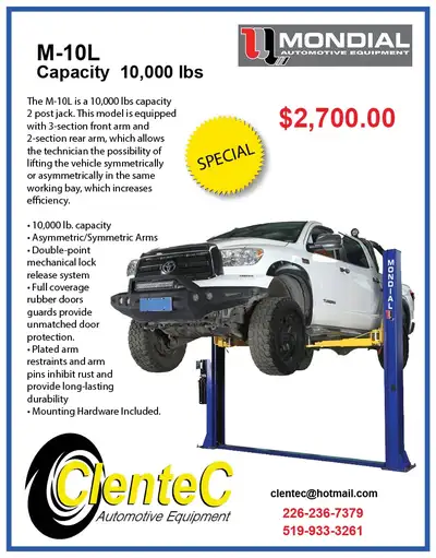 2 POST HOIST / 2 POST LIFT 10,000lb. MONDIAL M-10L $2,700.00 + HST CLENTEC AUTOMOTIVE EQUIPMENT SALE...