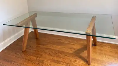 Crate & Barrel Glass Top Wood Trestle Table, View more