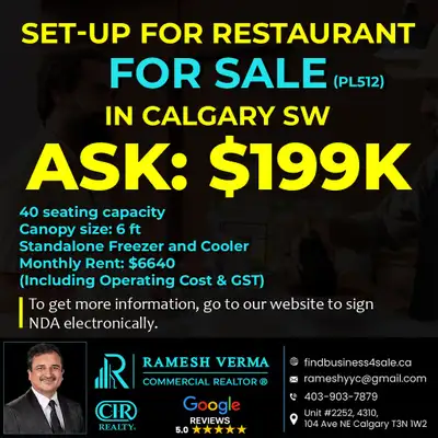 40 Seating Capacity Canopy Size: 6 Ft Standalone Freezer and Cooler Monthly Rent: $6,640 (Including...