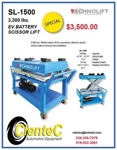 Electric Vehicle Battery Lift Table EV Battery Lift Table Technolift SL1500 - $3,500.00 SL-1500 EV B...