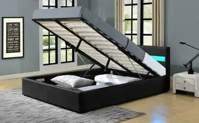 NEW BONDED LEATHER LED GAS LIFT BED FRAME A039, View more