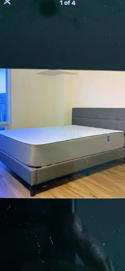 Queen Bedfame Grey and Casper Mattress (Very Comfortable) in new like condition - from smoke and pet...