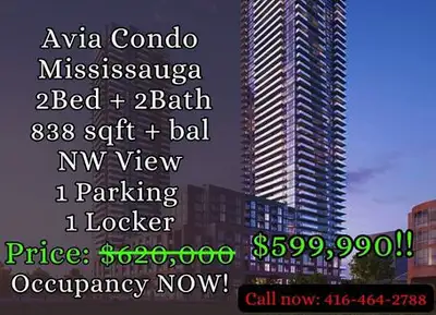 ️ Avia Condo | Mississauga ️ 2 Bed | 2 Bath 838 sqft + Balcony NW View | High Floor 1 Parking | 1 Lo...