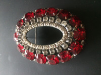 Elegant Danny Pollak Oval Brooch/Pendant Red & Clear Rhinestones