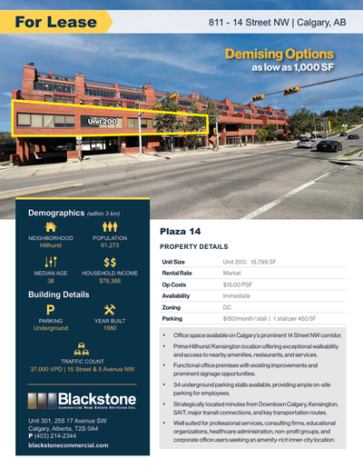 For Lease 811 - 14 Street NW | Calgary, AB Demising Options as low as 1,000 SF Unit 200: 15,799 SF R...