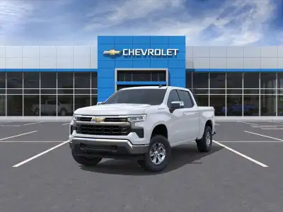 Meet the impressive 2025 Chevrolet Silverado 1500 LT Crew Cab in pristine white, pushing the limits...