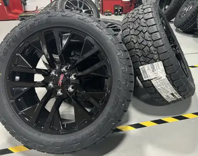 R246GB-356900 GMC / Chevy 22x9 Gloss Black Replica Rims & Toyo Open Country A/T III Tire Package Tak...