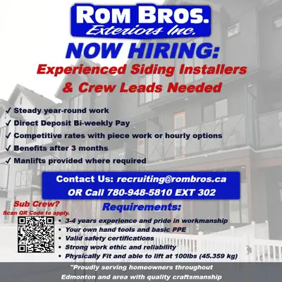 Experienced Siding Installers & Crew Leads Needed - Edmonton, View more