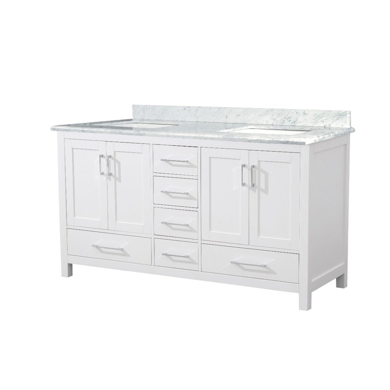 60" White Freestanding Bathroom Vanity w/ Carrera Marble Top Armoires