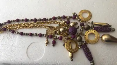 NECKLACE VINTAGE. GOLD AND BEADS COPPER AND COIN LIKE DECORATIONS . DOUBLE STRAND. Approximate lengt...