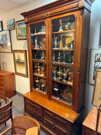 Antique burled walnut bookcase display case