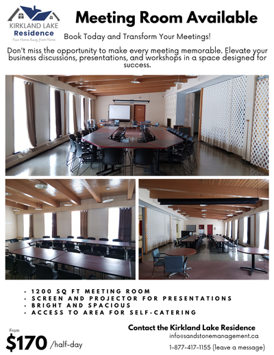 Looking for a professional meeting or training space in Kirkland Lake? Bright 1,200 sq ft room with...