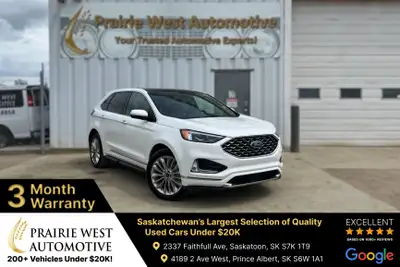 Welcome to Prairie West Automotive. 2024 Ford Edge Titanium AWD with low KM, panoramic roof, command...