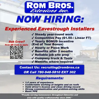 EDMONTON: Gutter & Eavestrough Installers Wanted (IN HOUSE), View more