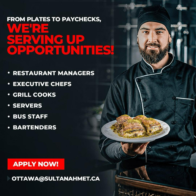 Hiring Restaurant Managers, Servers, Chefs, Cooks, Bartenders in Bar, Food & Hospitality in Ottawa