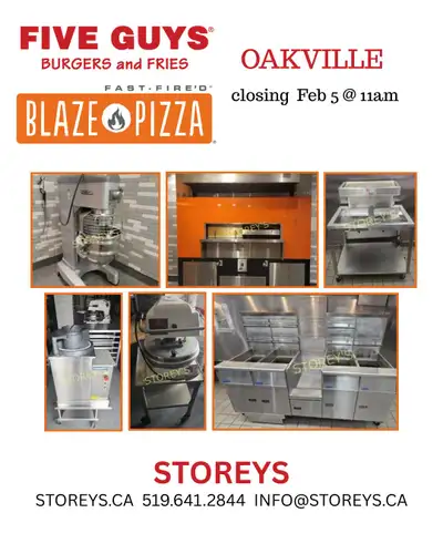 5 Guys & Blaze Pizza, Oakville Online Auction When: Thru Feb 5, 2026 @ 11am Location: 2885 Sherwood...