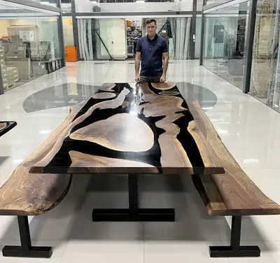 Table with live edges and epoxy river or ocean, View more