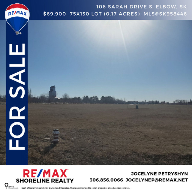 Land, Lot for Sale! 106 Sarah Drive S, Elbow, SK in Land for Sale in Moose Jaw