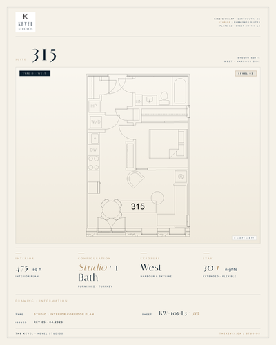 1 Bedroom Suite · 475 sq ft Kevel Studios — Suite 315 Furnished, turnkey residence at 16 Kings Wharf...