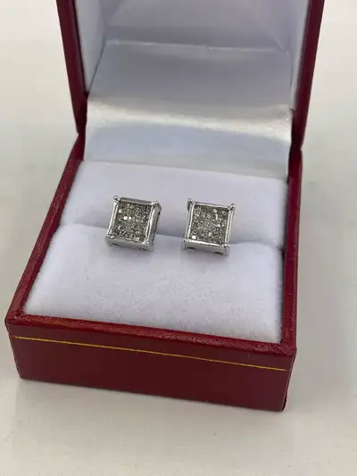 14K White Gold Square Diamond Bling Stud Earrings - .72CTW, View more