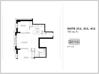 The flagship layout on Floors 2–4 — a 792 sq ft corner two-bedroom with dual exposures, a functional...