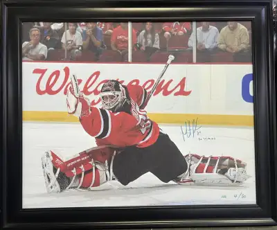 Spectacular large canvas portrait of Martin Brodeur autographed and inscribed with Stanley cup winni...